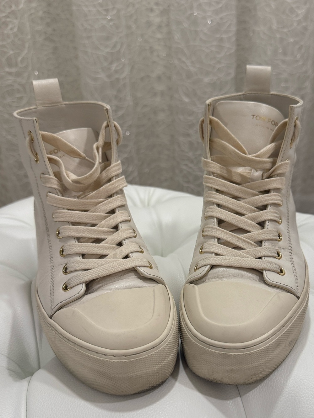 Tom Ford Cream Leather High-Top Platform Sneakers with Gold Eyelets